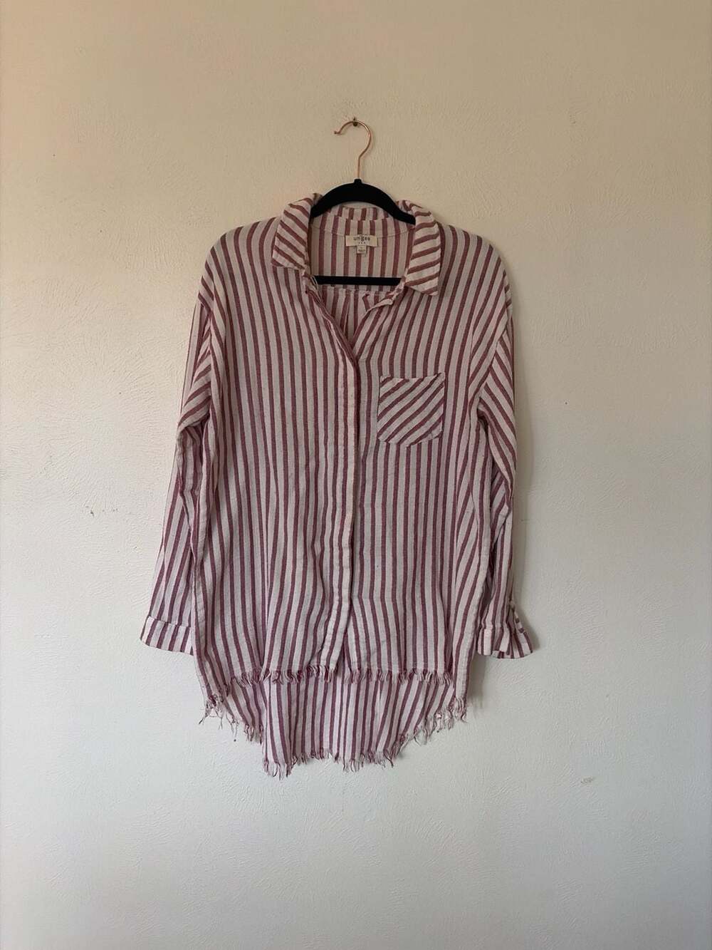 Umgee Striped Frayed Hem Long Sleeve Button Up Shirt